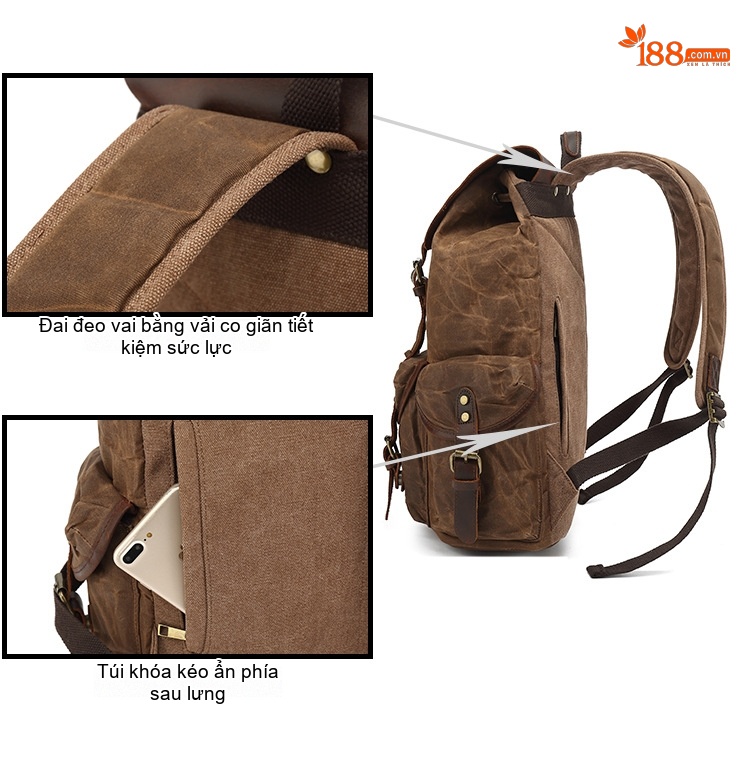 Balo Đôi Nam Nữ Vải Canvas Sáp Dầu Phối Da Bò Đi Học Du Lịch Đựng Laptop Màu Nâu, Đen, Xám, Xanh... chi tiết 4