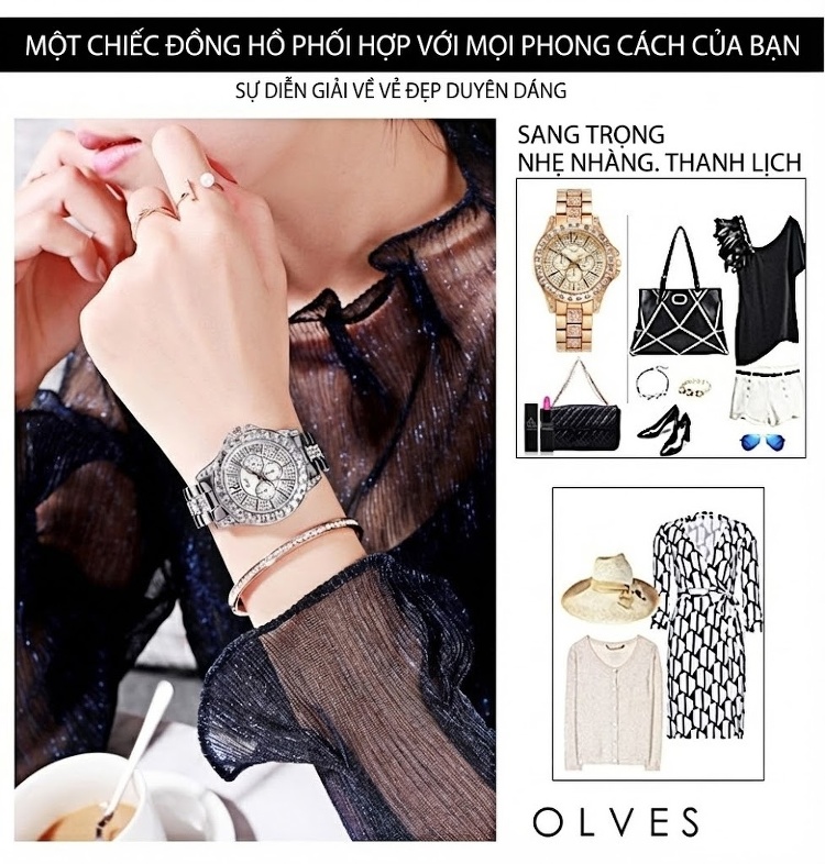 Đồng Hồ Nữ Dây Thép Đính Đá Thời Trang Quartz Chống Nước Màu Vàng, Bạc, Hồng Vàng, Xám... chi tiết 18