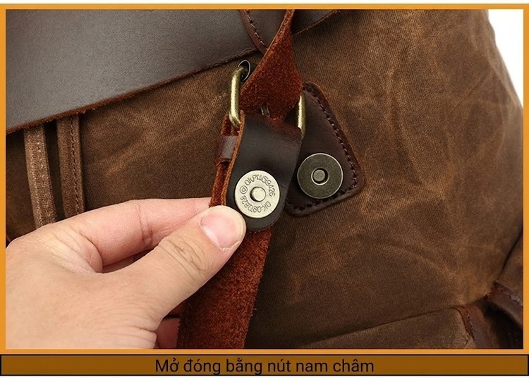 Balo Đôi Nam Nữ Vải Canvas Sáp Dầu Phối Da Bò Đi Học Du Lịch Đựng Laptop Màu Nâu, Đen, Xám, Xanh... chi tiết 7