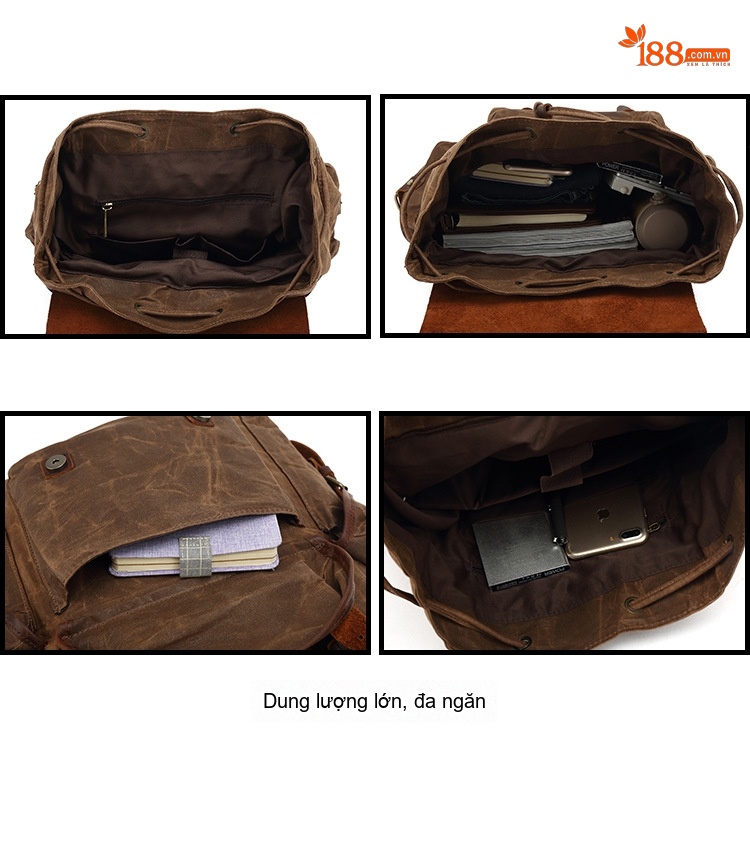 Balo Đôi Nam Nữ Vải Canvas Sáp Dầu Phối Da Bò Đi Học Du Lịch Đựng Laptop Màu Nâu, Đen, Xám, Xanh... chi tiết 6