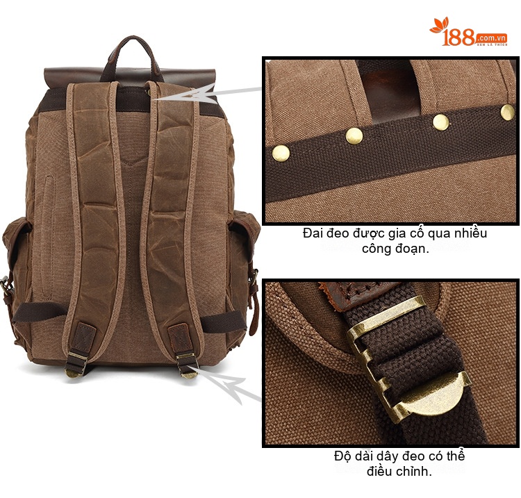 Balo Đôi Nam Nữ Vải Canvas Sáp Dầu Phối Da Bò Đi Học Du Lịch Đựng Laptop Màu Nâu, Đen, Xám, Xanh... chi tiết 5