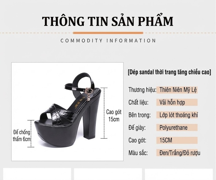 Giày Sandal Cao Gót Nữ Quai Chữ X Đế Xuồng Gót Cao 15cm Màu Đen, Trắng chi tiết 5