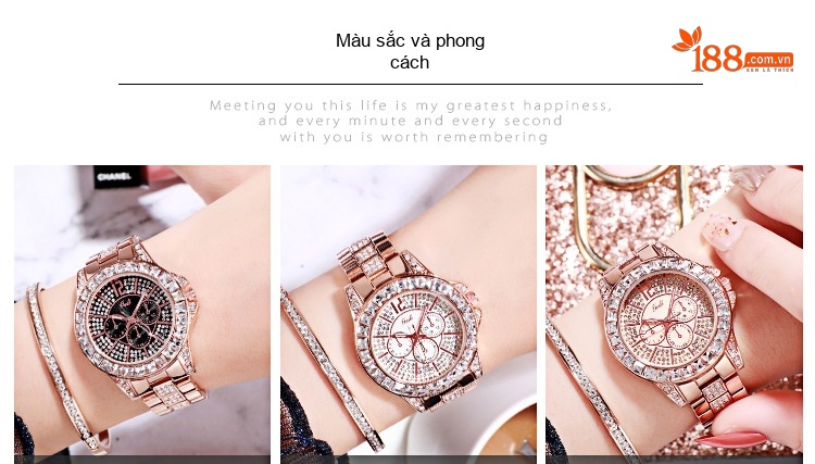 Đồng Hồ Nữ Dây Thép Đính Đá Thời Trang Quartz Chống Nước Màu Vàng, Bạc, Hồng Vàng, Xám... chi tiết 8