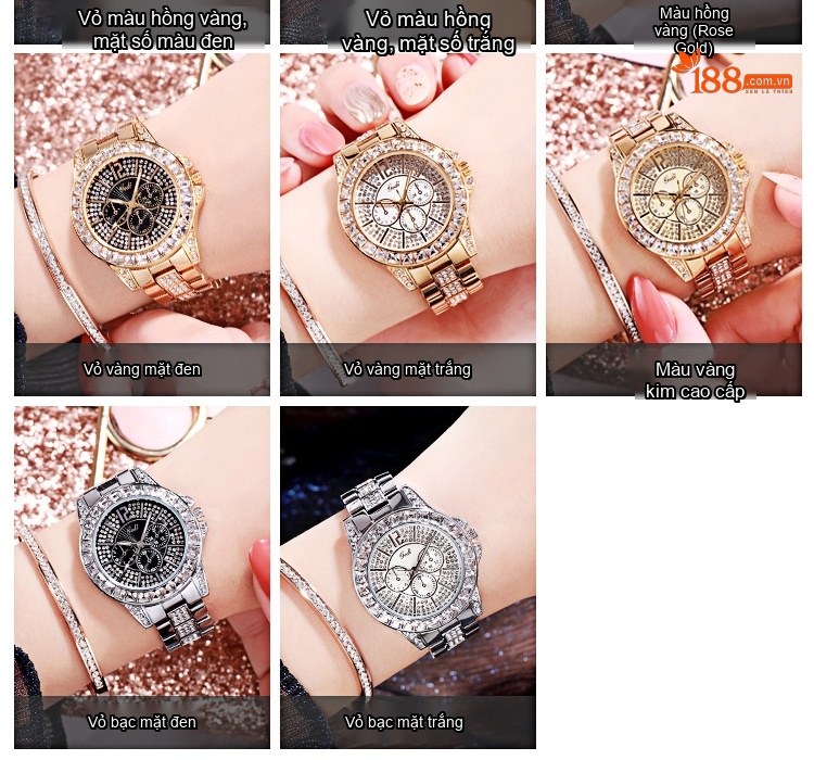Đồng Hồ Nữ Dây Thép Đính Đá Thời Trang Quartz Chống Nước Màu Vàng, Bạc, Hồng Vàng, Xám... chi tiết 9