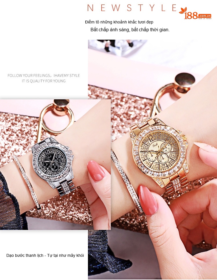 Đồng Hồ Nữ Dây Thép Đính Đá Thời Trang Quartz Chống Nước Màu Vàng, Bạc, Hồng Vàng, Xám... chi tiết 6