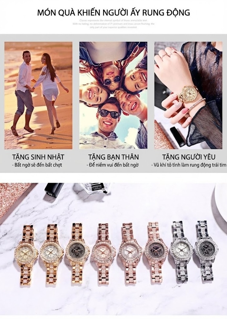 Đồng Hồ Nữ Dây Thép Đính Đá Thời Trang Quartz Chống Nước Màu Vàng, Bạc, Hồng Vàng, Xám... chi tiết 14