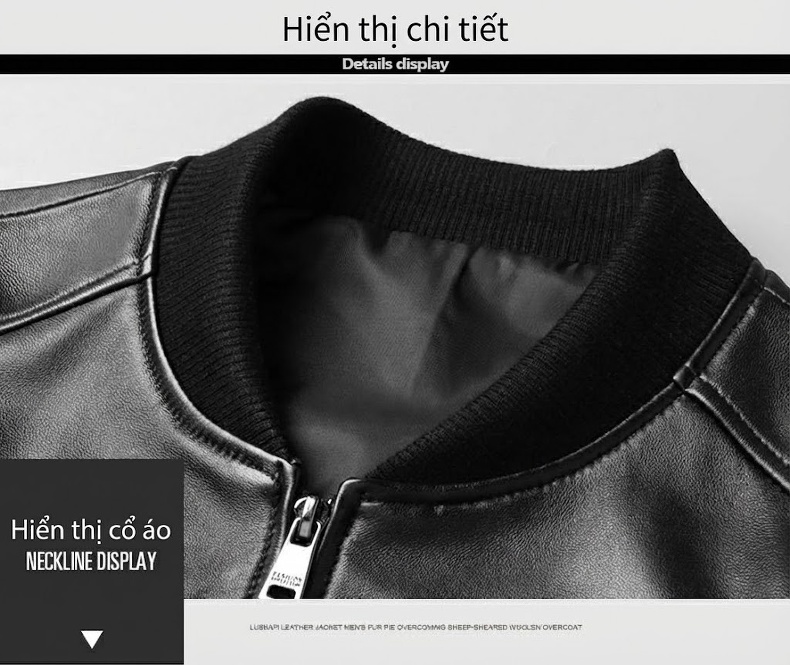Áo Khoác Bomber Nam Da Cừu Dáng Ôm Thời Trang Màu Đen chi tiết 9