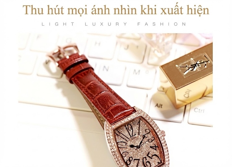 Đồng Hồ Nữ Dây Da Thật Mặt Chữ Nhật Đính Đá Phong Cách Cổ Điển Màu Đen, Đỏ, Trắng, Nâu... chi tiết 11