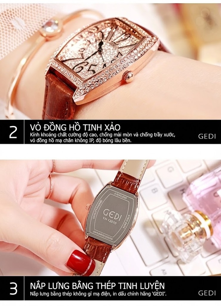 Đồng Hồ Nữ Dây Da Thật Mặt Chữ Nhật Đính Đá Phong Cách Cổ Điển Màu Đen, Đỏ, Trắng, Nâu... chi tiết 15