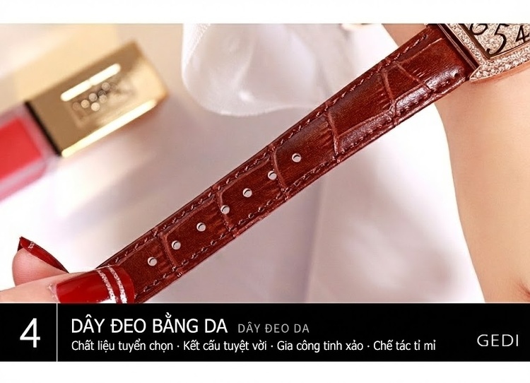 Đồng Hồ Nữ Dây Da Thật Mặt Chữ Nhật Đính Đá Phong Cách Cổ Điển Màu Đen, Đỏ, Trắng, Nâu... chi tiết 16