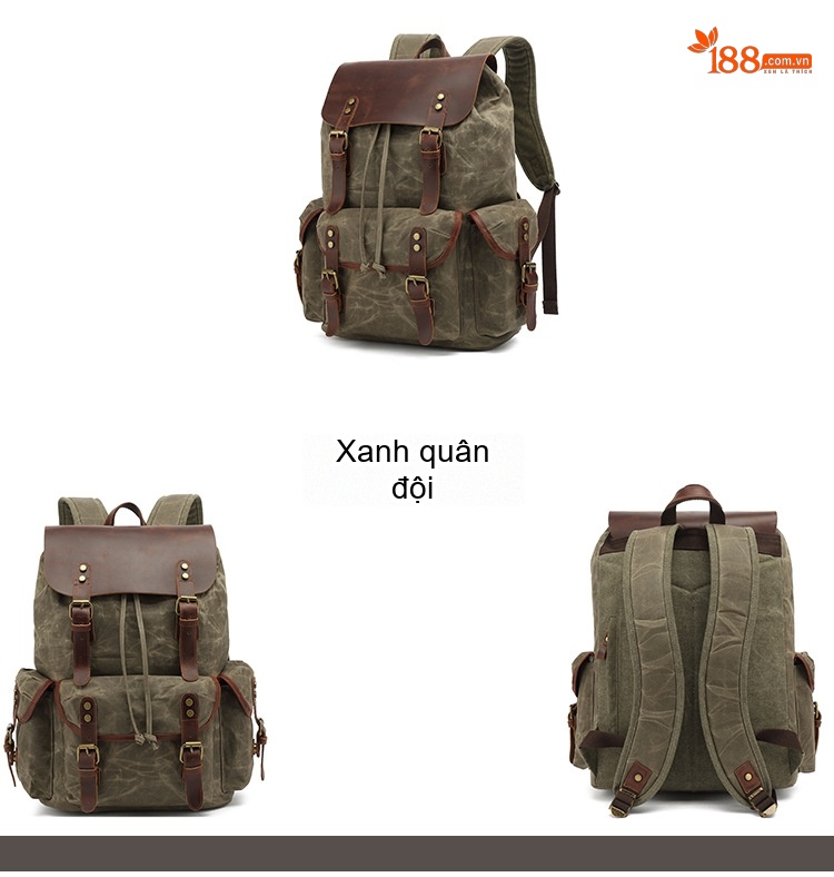 Balo Đôi Nam Nữ Vải Canvas Sáp Dầu Phối Da Bò Đi Học Du Lịch Đựng Laptop Màu Nâu, Đen, Xám, Xanh... chi tiết 1