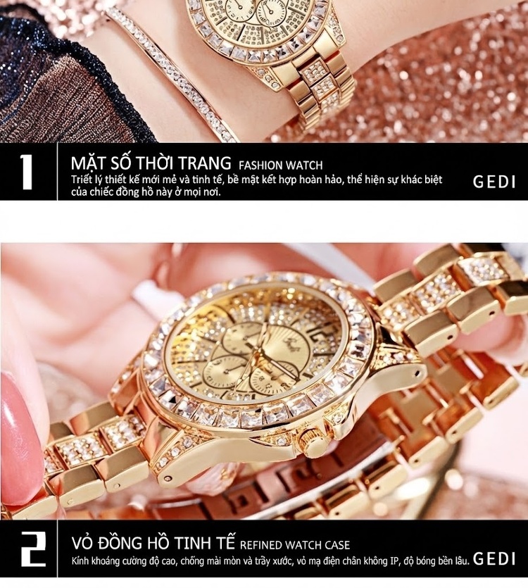Đồng Hồ Nữ Dây Thép Đính Đá Thời Trang Quartz Chống Nước Màu Vàng, Bạc, Hồng Vàng, Xám... chi tiết 16