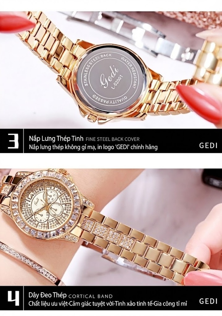 Đồng Hồ Nữ Dây Thép Đính Đá Thời Trang Quartz Chống Nước Màu Vàng, Bạc, Hồng Vàng, Xám... chi tiết 17