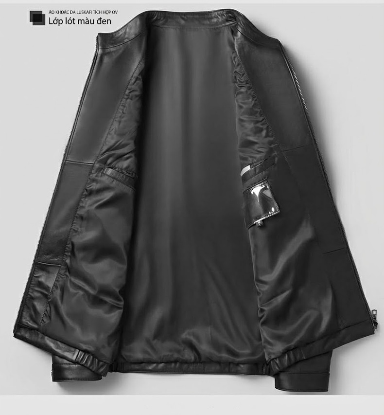 Áo Khoác Da Cừu Nam Cổ Trụ Ngắn Dáng Ôm Vừa Vặn Màu Đen chi tiết 8