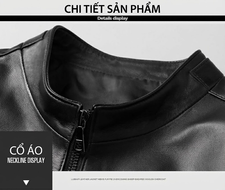Áo Khoác Da Cừu Nam Cổ Trụ Ngắn Dáng Ôm Vừa Vặn Màu Đen chi tiết 9
