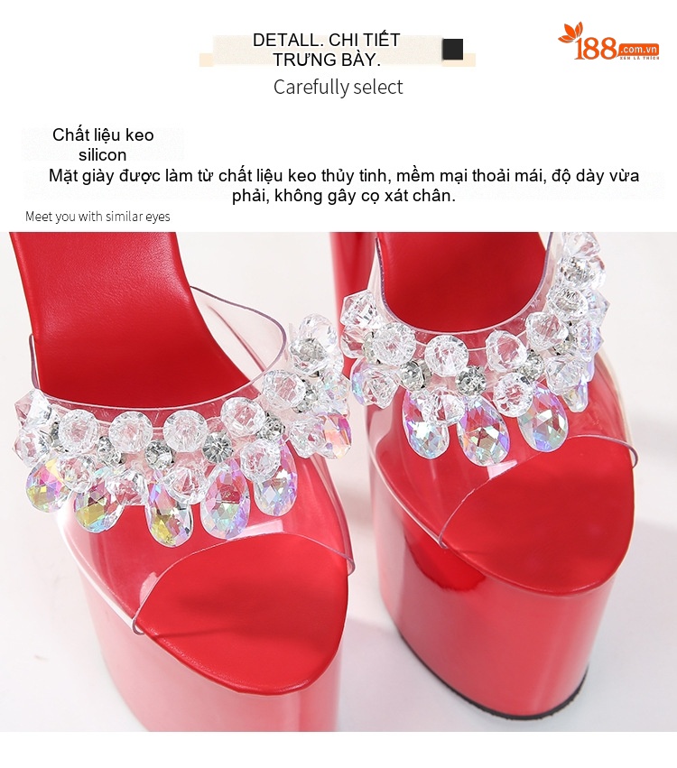 Dép Cao Gót Nữ Quai Trong Suốt Đính Đá Chiều Cao Đế Khoảng 17cm 20cm Màu Đen, Đỏ, Trắng, Tím... chi tiết 4