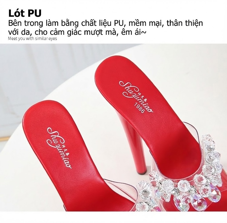 Dép Cao Gót Nữ Quai Trong Suốt Đính Đá Chiều Cao Đế Khoảng 17cm 20cm Màu Đen, Đỏ, Trắng, Tím... chi tiết 6