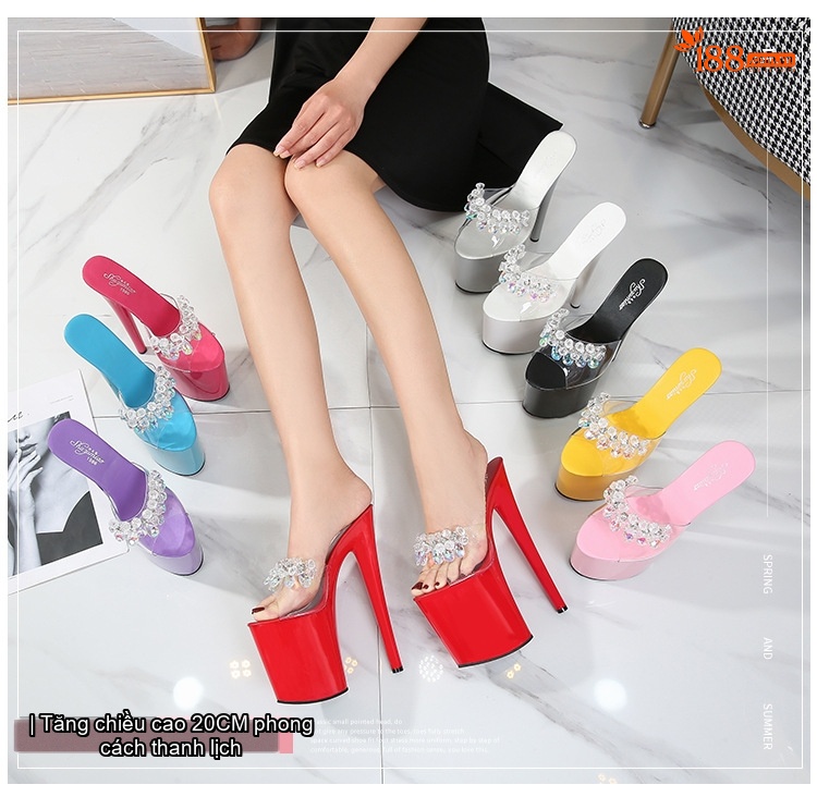 Dép Cao Gót Nữ Quai Trong Suốt Đính Đá Chiều Cao Đế Khoảng 17cm 20cm Màu Đen, Đỏ, Trắng, Tím... chi tiết 1