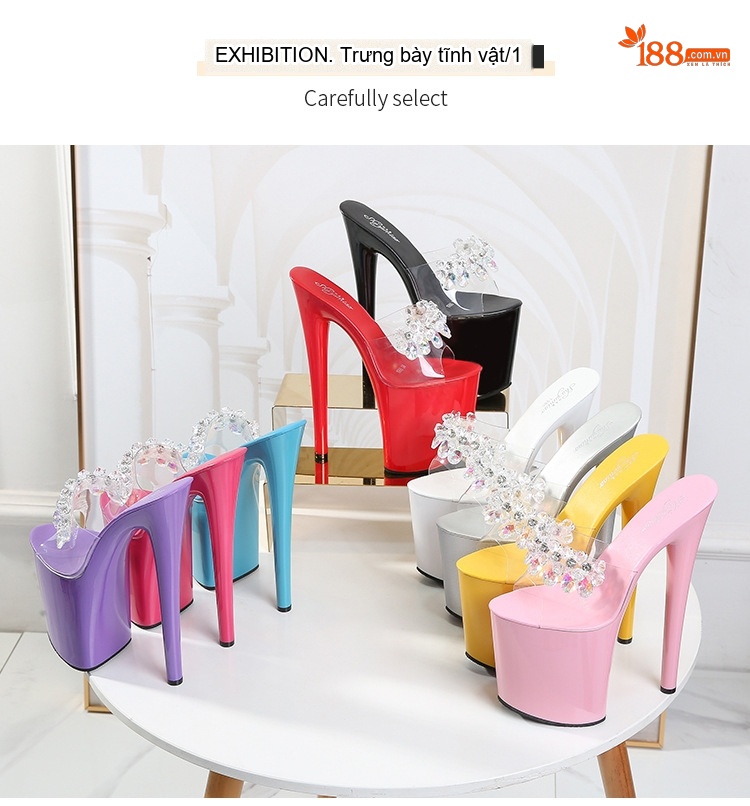 Dép Cao Gót Nữ Quai Trong Suốt Đính Đá Chiều Cao Đế Khoảng 17cm 20cm Màu Đen, Đỏ, Trắng, Tím... chi tiết 23