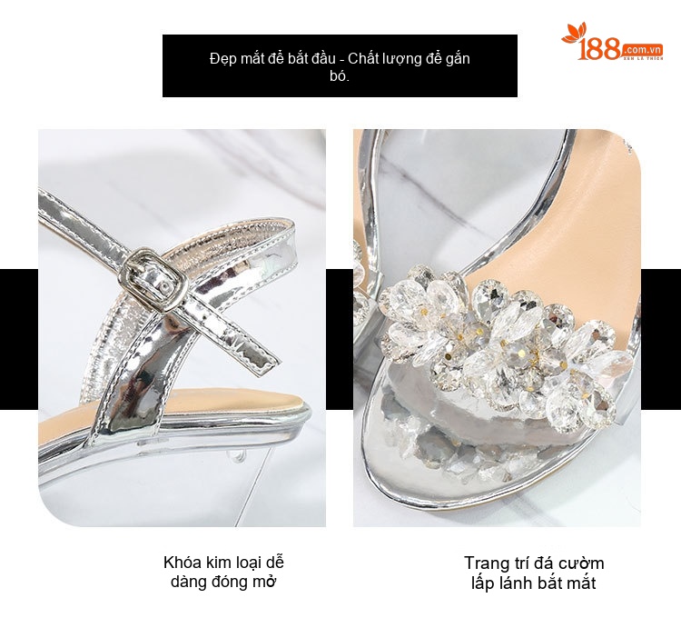 Giày Sandal Cao Gót Nữ Trong Suốt Quai Mảnh Đính Đá Gót Cao 8cm Màu Bạc chi tiết 4