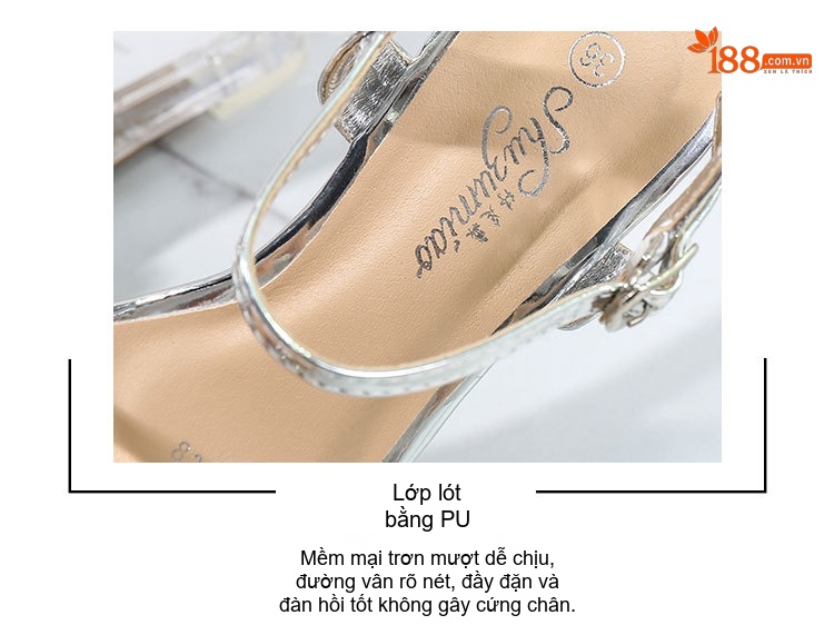 Giày Sandal Cao Gót Nữ Trong Suốt Quai Mảnh Đính Đá Gót Cao 8cm Màu Bạc chi tiết 6