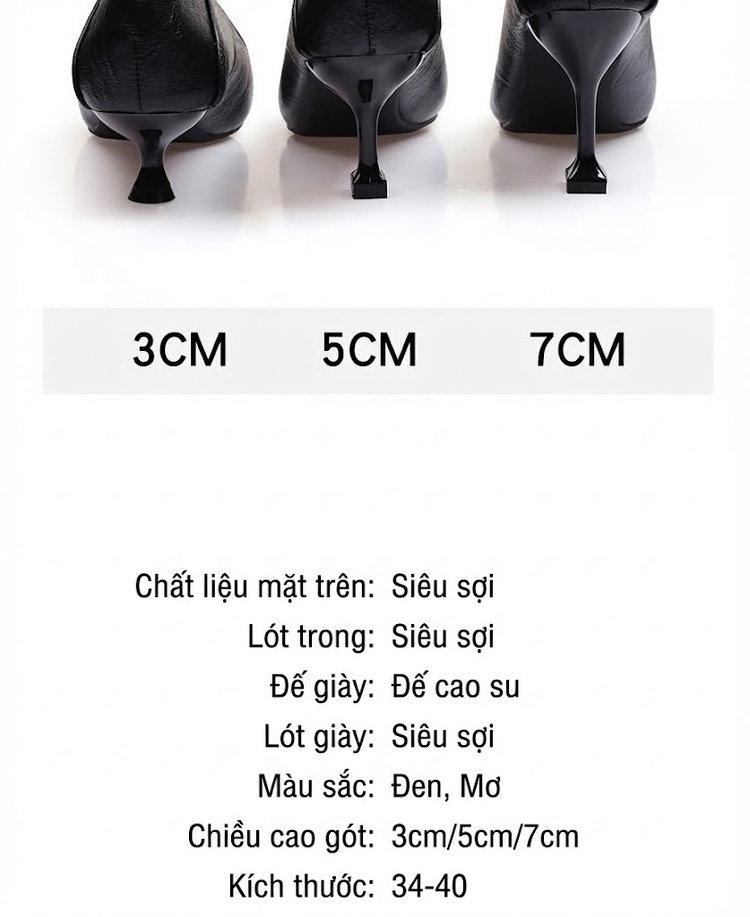 Giày Cao Gót Nữ Mũi Nhọn Da Bóng Đính Đá Chiều Cao Đế Khoảng 5cm Màu Đen, Kem chi tiết 5