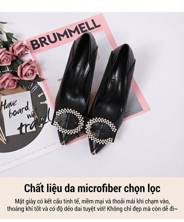 Giày Cao Gót Nữ Mũi Nhọn Da Bóng Đính Đá Chiều Cao Đế Khoảng 5cm Màu Đen, Kem chi tiết 6