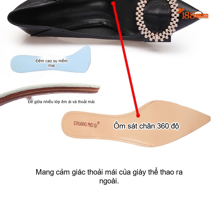 Giày Cao Gót Nữ Mũi Nhọn Da Bóng Đính Đá Chiều Cao Đế Khoảng 5cm Màu Đen, Kem chi tiết 3