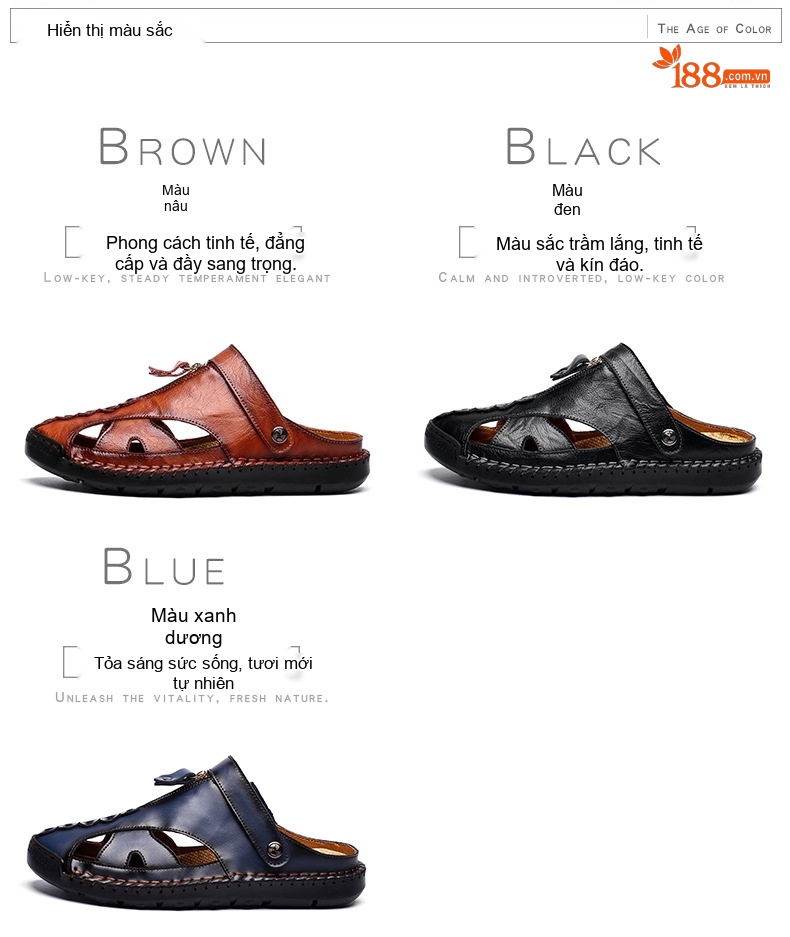 Dép Sandal Nam Da Bóng Thoáng Khí Chiều Cao Đế Khoảng 2cm Màu Nâu, Đen, Xanh Navy chi tiết 5