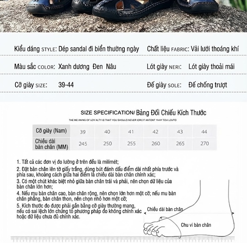 Dép Sandal Nam Da Bóng Thoáng Khí Chiều Cao Đế Khoảng 2cm Màu Nâu, Đen, Xanh Navy chi tiết 4