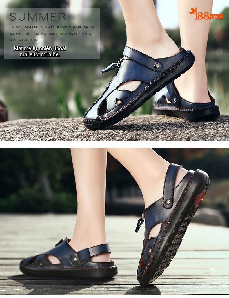 Dép Sandal Nam Da Bóng Thoáng Khí Chiều Cao Đế Khoảng 2cm Màu Nâu, Đen, Xanh Navy chi tiết 9