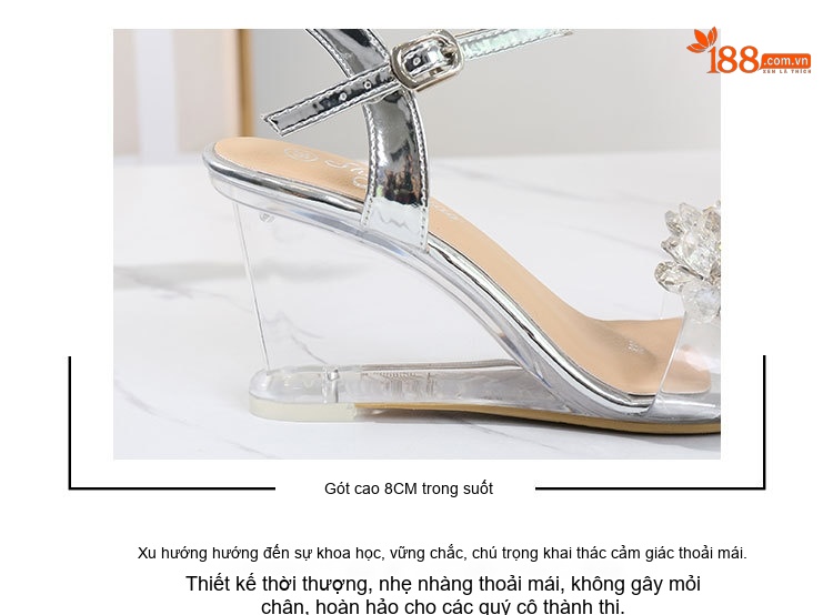 Giày Sandal Cao Gót Nữ Trong Suốt Quai Mảnh Đính Đá Gót Cao 8cm Màu Bạc chi tiết 7