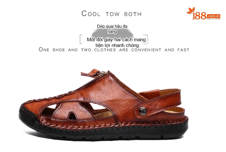 Dép Sandal Nam Da Bóng Thoáng Khí Chiều Cao Đế Khoảng 2cm Màu Nâu, Đen, Xanh Navy chi tiết 6