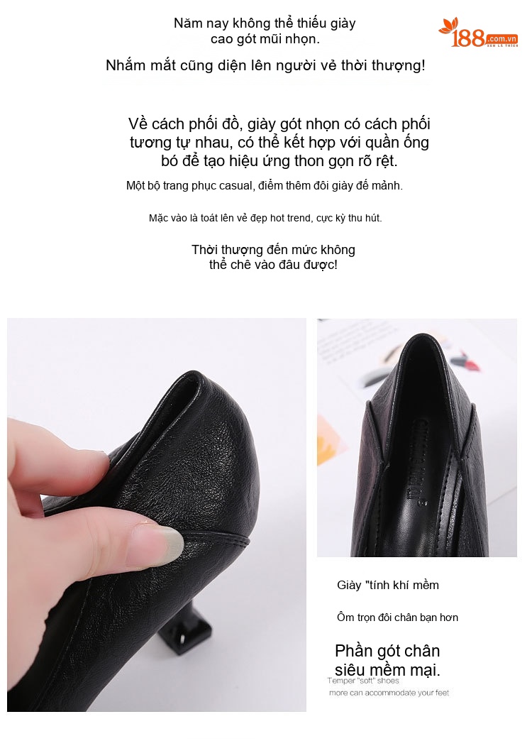 Giày Cao Gót Nữ Mũi Nhọn Da Bóng Đính Đá Chiều Cao Đế Khoảng 5cm Màu Đen, Kem chi tiết 2