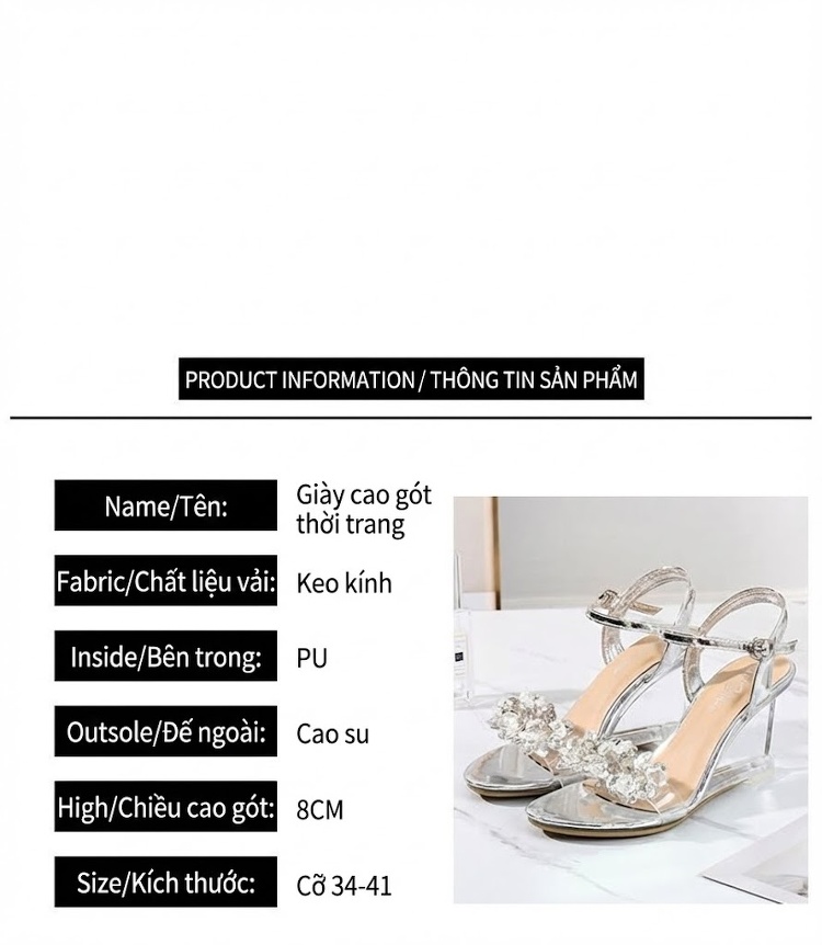 Giày Sandal Cao Gót Nữ Trong Suốt Quai Mảnh Đính Đá Gót Cao 8cm Màu Bạc chi tiết 3