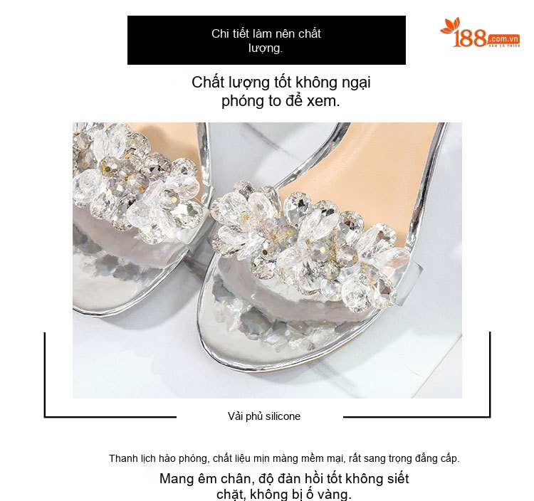 Giày Sandal Cao Gót Nữ Trong Suốt Quai Mảnh Đính Đá Gót Cao 8cm Màu Bạc chi tiết 5