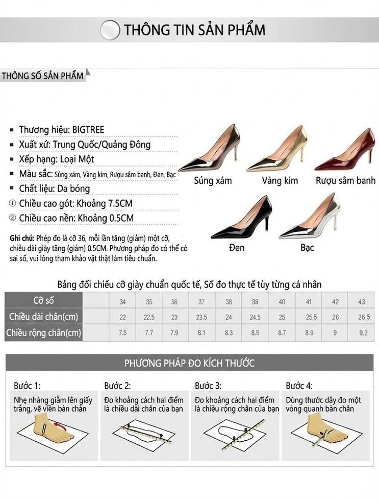 Giày Cao Gót Nữ Mũi Nhọn Da Bóng Chiều Cao Đế Khoảng 7cm Màu Vàng, Bạc, Xám chi tiết 1