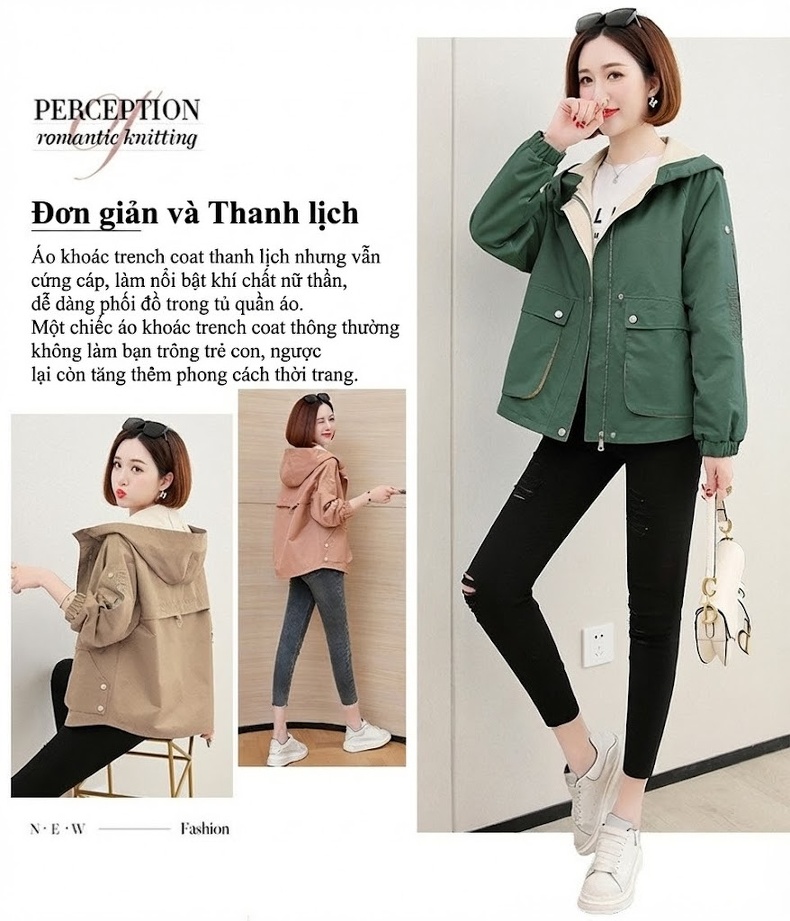 Áo Khoác Gió Nữ Dáng Vừa Hàn Quốc Có Mũ Trùm Đầu Màu Xanh Lá, Nâu chi tiết 1