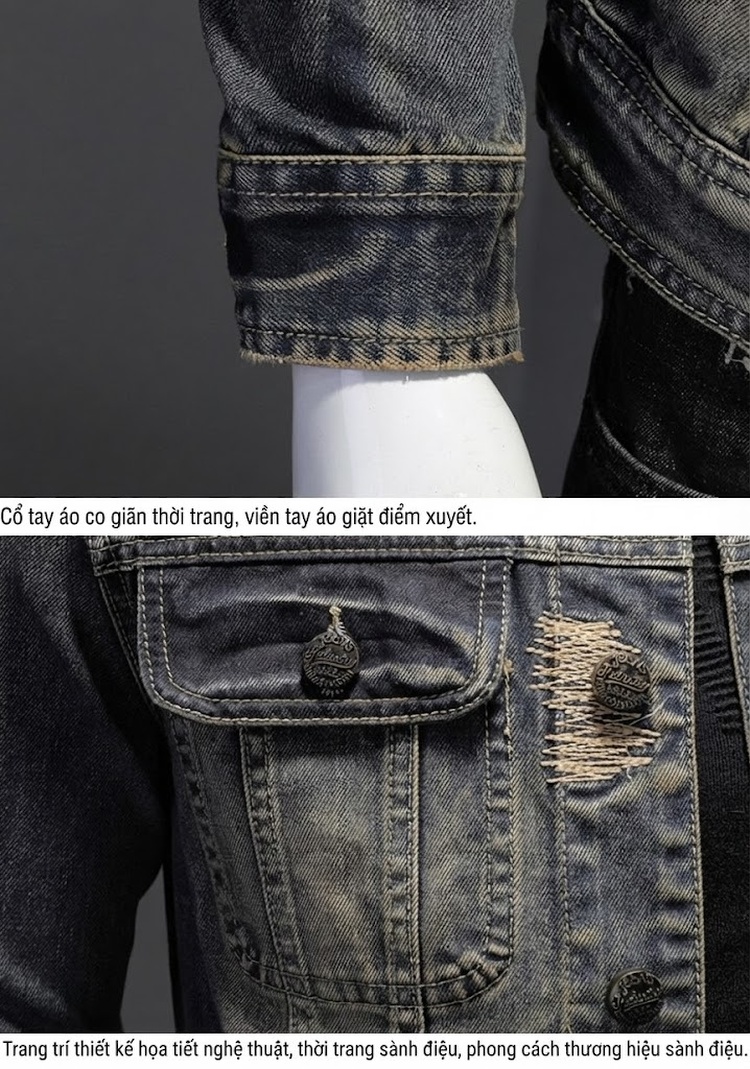 Áo Khoác Jean Nam Rách Vá Bụi Bặm Phong Cách Âu Mỹ Màu Xanh Jean chi tiết 7