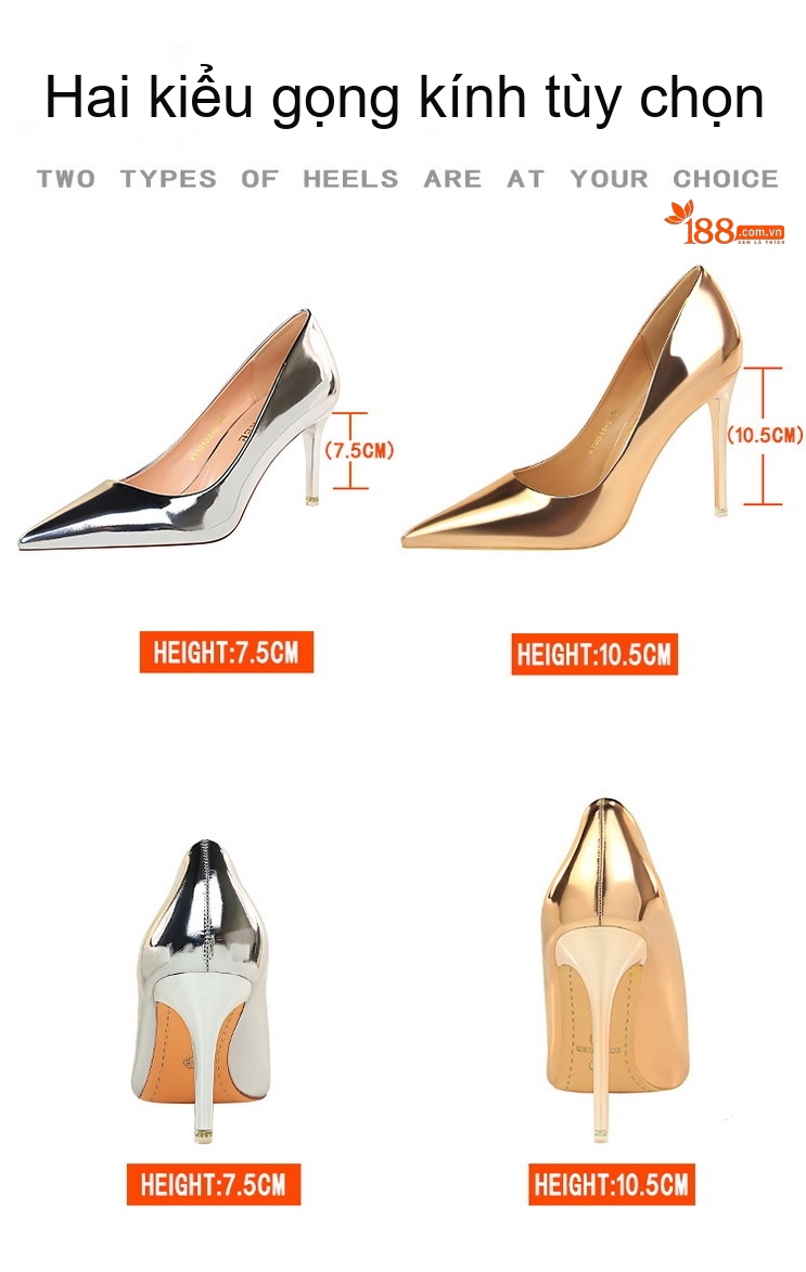Giày Cao Gót Nữ Mũi Nhọn Da Bóng Chiều Cao Đế Khoảng 7cm Màu Vàng, Bạc, Xám chi tiết 2