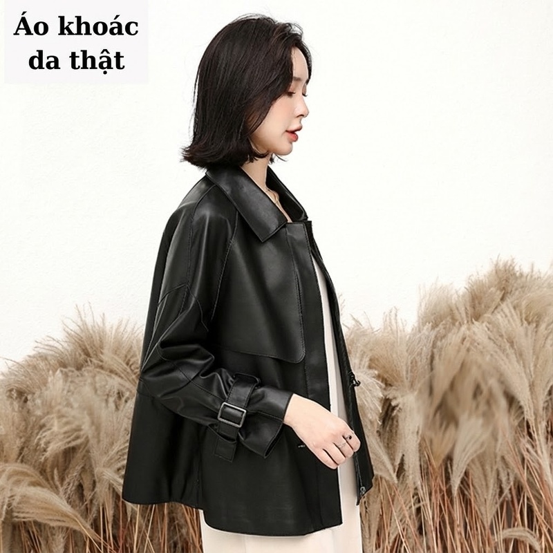 Áo Khoác Da Cừu Nữ Da Thật Dáng Ngắn Chiết Eo Màu Đen