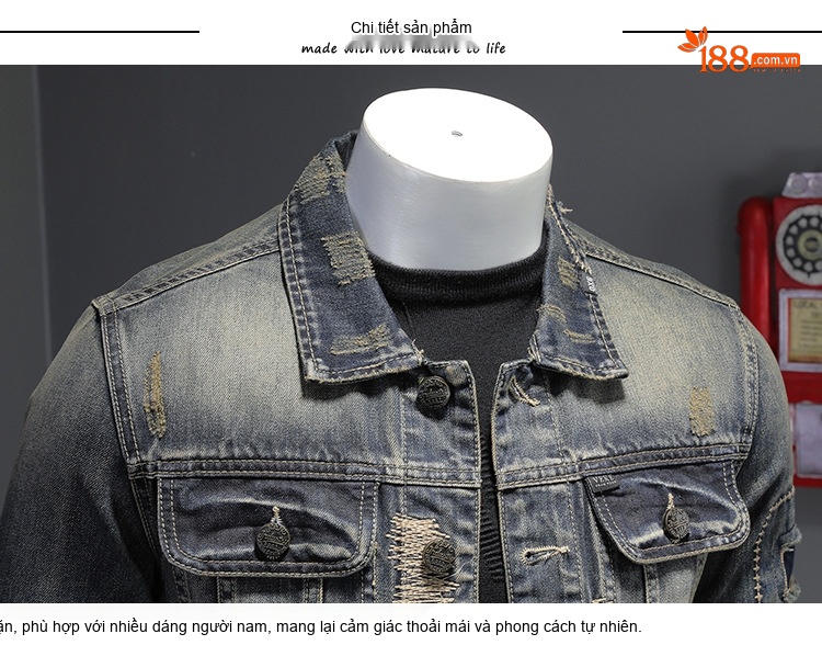 Áo Khoác Jean Nam Rách Vá Bụi Bặm Phong Cách Âu Mỹ Màu Xanh Jean chi tiết 6