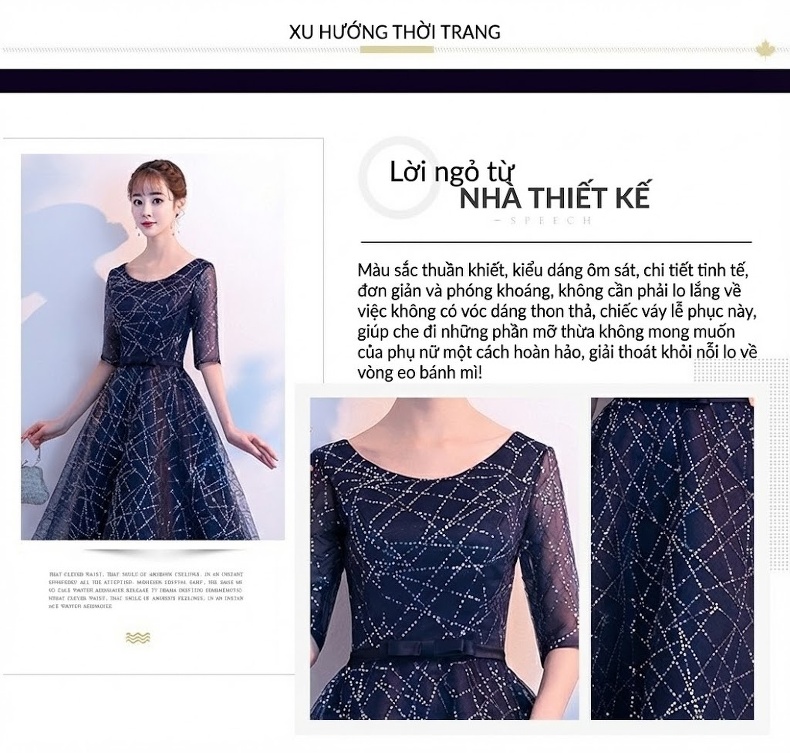 Váy Dạ Hội Nữ dáng chữ A, Tay Lỡ Thanh Lịch, Trang Nhã Màu Xanh Navy chi tiết 2