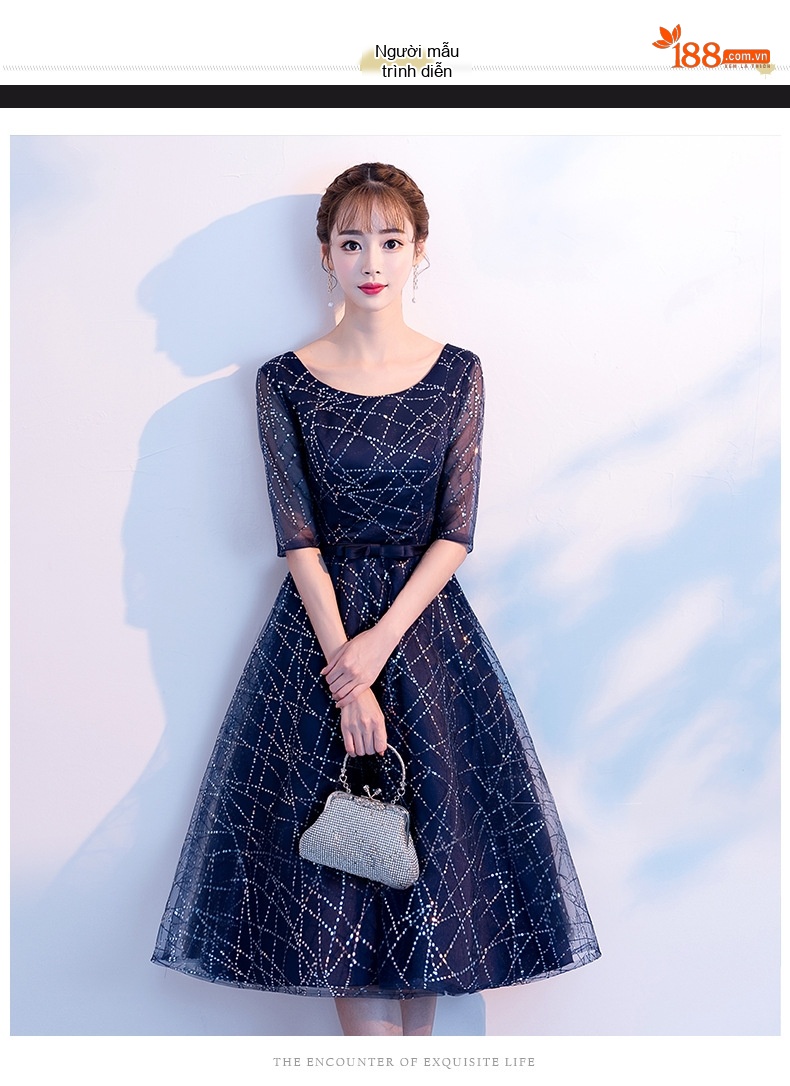 Váy Dạ Hội Nữ dáng chữ A, Tay Lỡ Thanh Lịch, Trang Nhã Màu Xanh Navy chi tiết 8