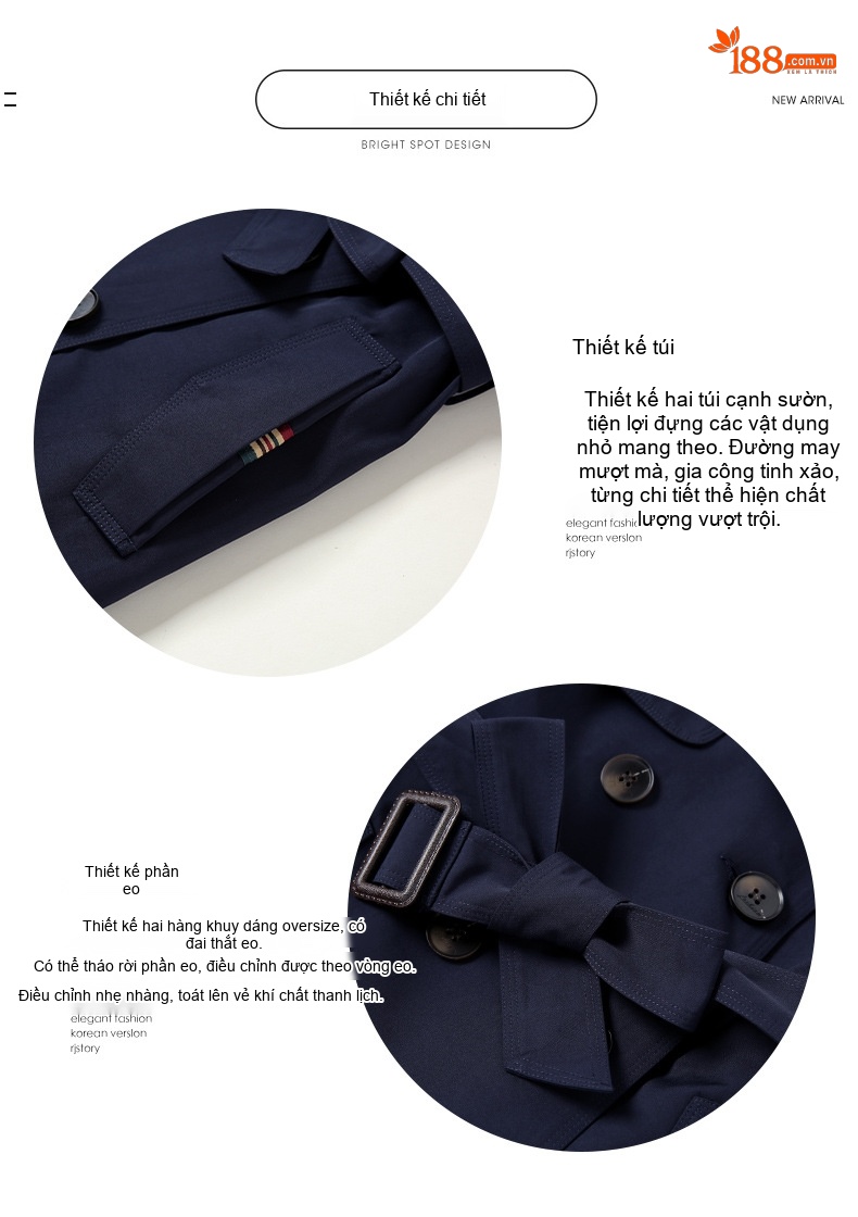 Áo Khoác Trench Coat Nữ Dáng Dài Phong Cách Anh Quốc Màu Be, Đỏ, Xanh Navy chi tiết 3