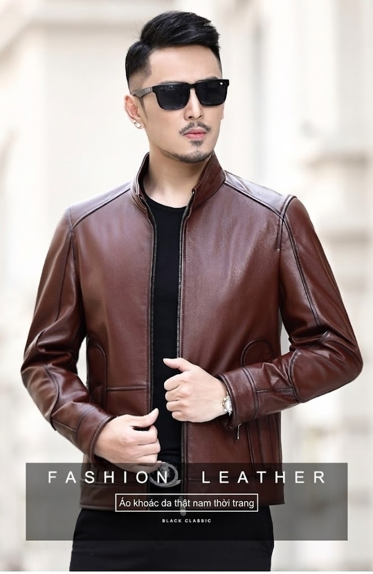 Áo Khoác Da Bò Nam Kiểu Motor Biker Dáng Ôm Cổ Trụ Màu Nâu, Đen chi tiết 15