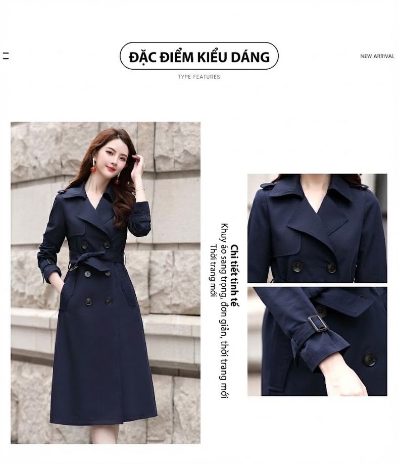 Áo Khoác Trench Coat Nữ Dáng Dài Phong Cách Anh Quốc Màu Be, Đỏ, Xanh Navy chi tiết 2