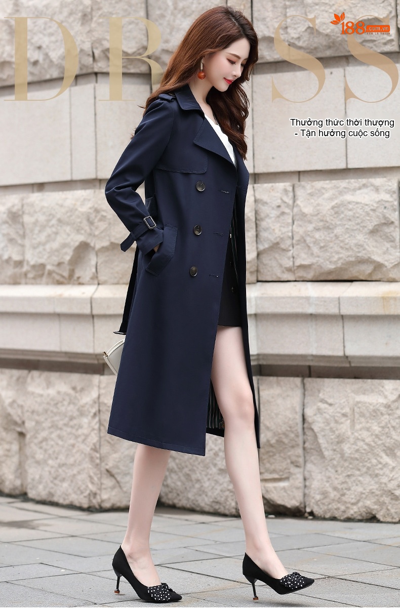 Áo Khoác Trench Coat Nữ Dáng Dài Phong Cách Anh Quốc Màu Be, Đỏ, Xanh Navy chi tiết 1
