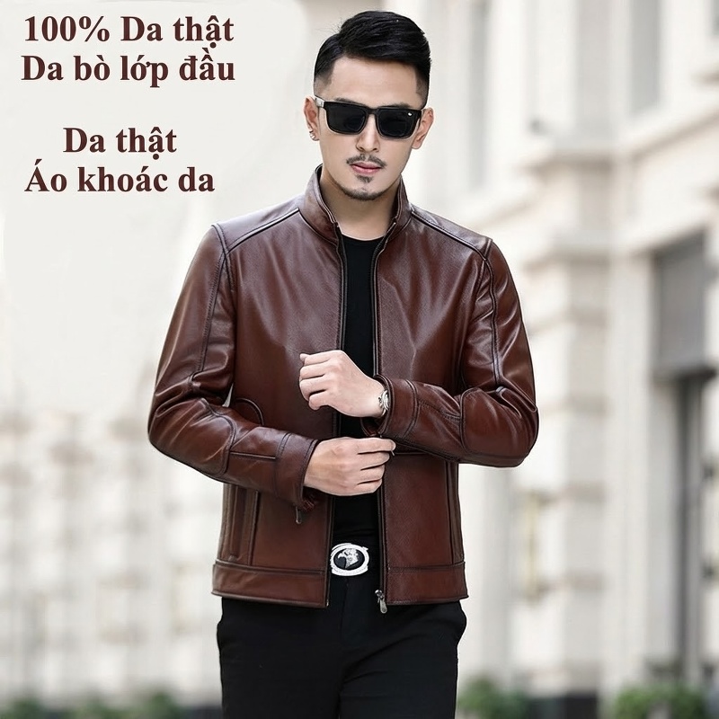 Áo Khoác Da Bò Nam Kiểu Motor Biker Dáng Ôm Cổ Trụ Màu Nâu, Đen