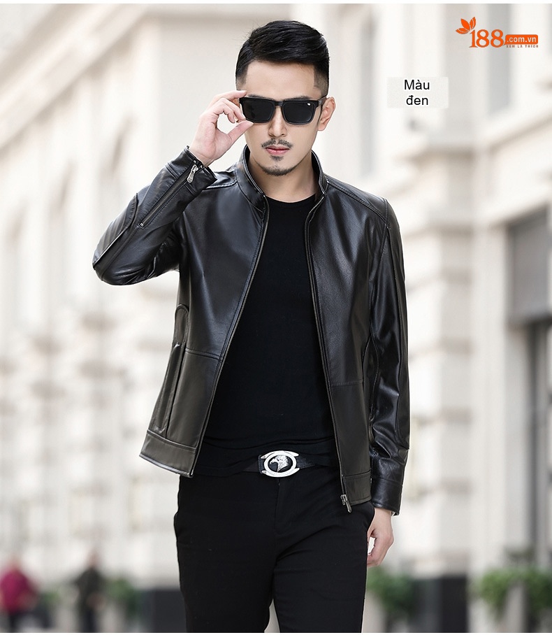 Áo Khoác Da Bò Nam Kiểu Motor Biker Dáng Ôm Cổ Trụ Màu Nâu, Đen chi tiết 7